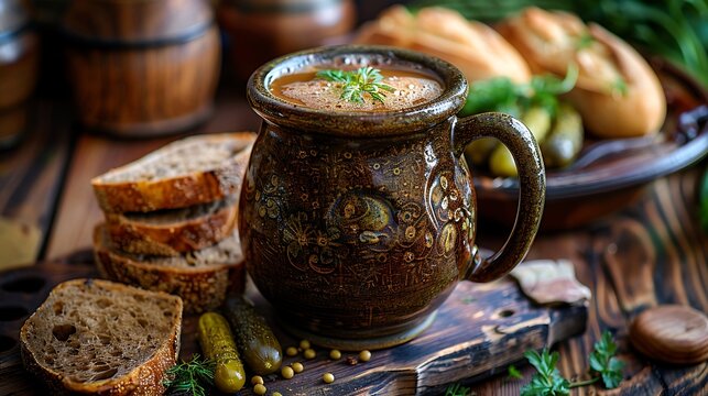 A traditional Russian kvass served in a ceramic mug, with the deep brown liquid frothy at the top. The mug is placed on a wooden table with a spread of Russian bread and pickles, 