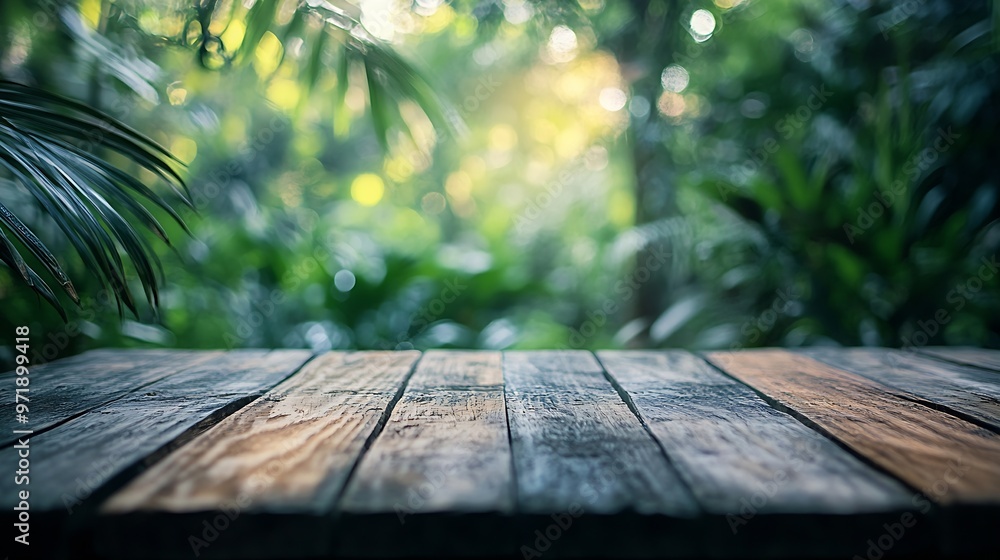 Aufkleber The empty rustic wooden plank table top with blur background of jungle Exuberant image : Generative AI