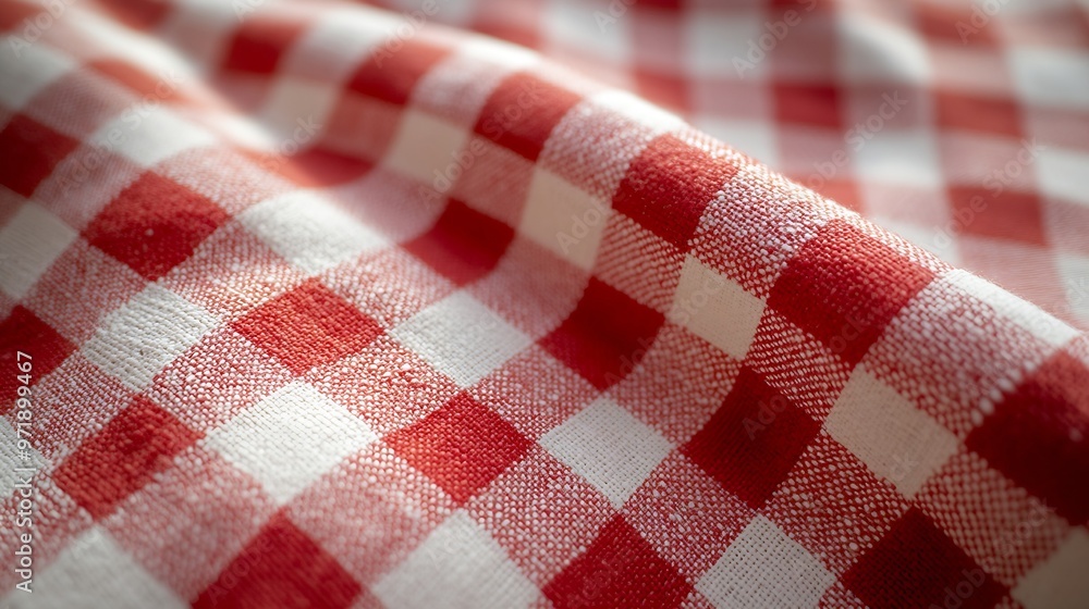 Poster red checkered gingham tablecloth closeup plaid fabric pattern texture and textile background corner 