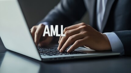Businessman touching a virtual screen with the word "AML" and icons of financial business, law, and a ground banner for an airline system web page design concept, with a double exposure effect.