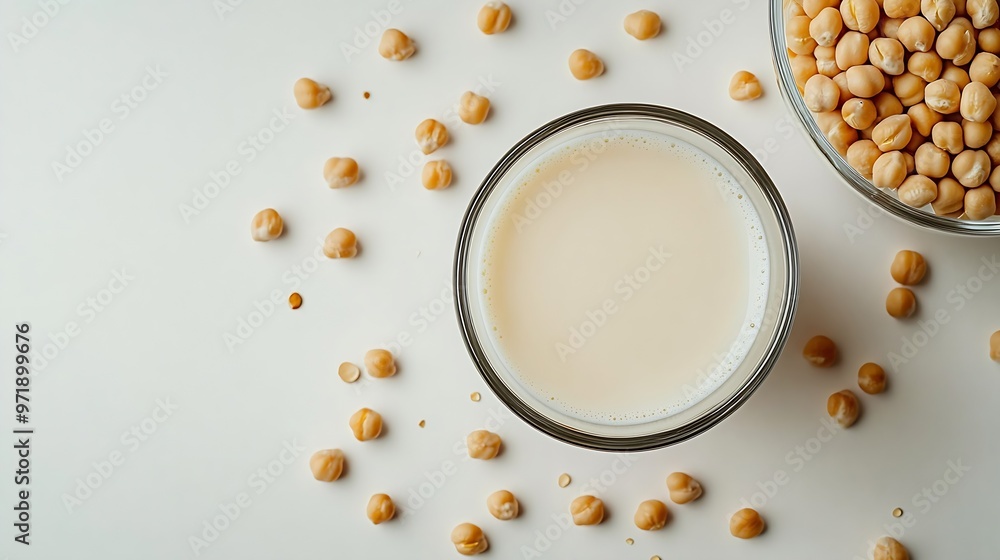 Poster glass of chick pea milk and hickpea isolated on white background top view flat lay : generative ai