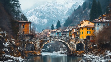 Scenic alpine village in Pordenone Italy Arc bridge and old houses on the mountain foot Chievolis village near Meduno : Generative AI