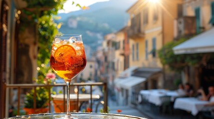 An authentic Italian Aperol Spritz served in a wine glass, the orange hue of the drink glowing in the sunlight. The glass is set on an outdoor café table with a view of a picturesque Italian 