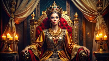 Majestic regal woman with golden crown and ornate robes sits on lavish throne, surrounded by opulent velvet drapes and sparkling gemstones in a grand palace setting.