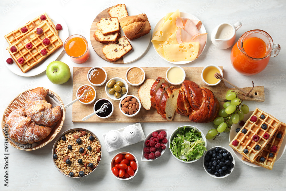 Sticker different meals served for breakfast on white table, flat lay