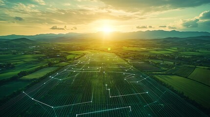 Aerial view of farmland and communication network concept Agritech Internet of Things : Generative AI