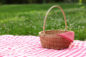 One picnic wicker basket with checkered napkin and blanket on green grass. Space for text