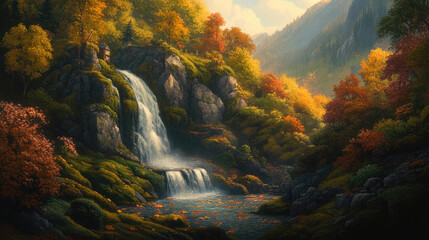 This vibrant painting captures a majestic waterfall cascading gracefully into a crystal-clear pool, surrounded by a lush, verdant forest.