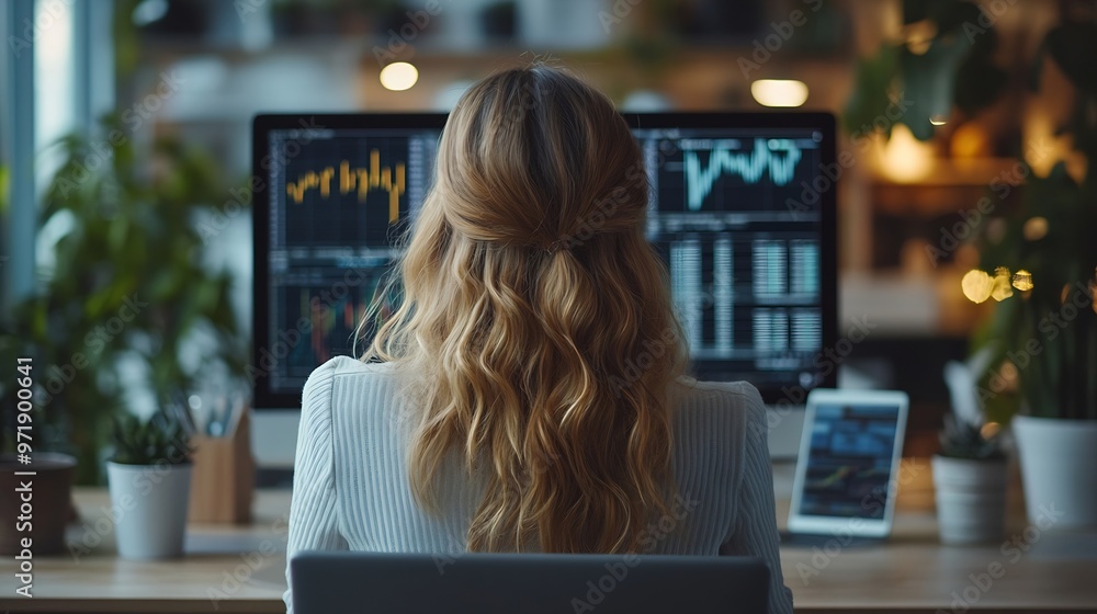 Poster Seen from behind modern business woman with laptop and smartphone checking financial charts and trading online investment data in modern office : Generative AI