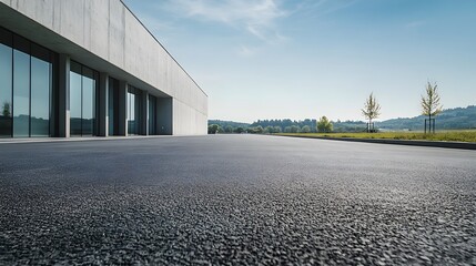 Obraz premium Modern Concrete Building with Large Windows and a Blacktop Driveway