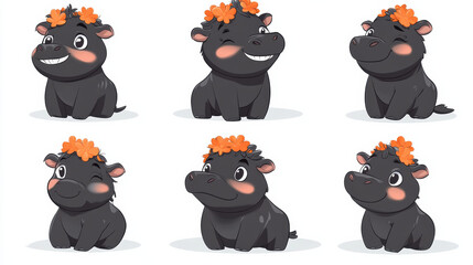 Fototapeta premium A cute little black baby hippo with fluffy fur and cheerful expression, adorned with flower crown, brings joy and playfulness to any setting