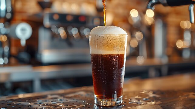 Frothy nitro cold brew coffee being poured into a glass, with a thick layer of foam forming on top. The glass is set on a modern caf&eacute; counter with a backdrop of coffee brewing equipment, 