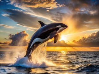 Fototapeta premium Massive black and white orca breaches the ocean's surface, its sleek body airborne, surrounded by mist and sunlight in a dramatic display of aquatic power.