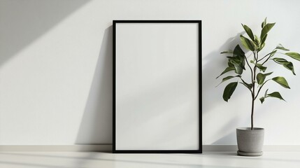 A modern interior featuring a blank frame and a potted plant, showcasing minimalism and tranquility in a stylish space.