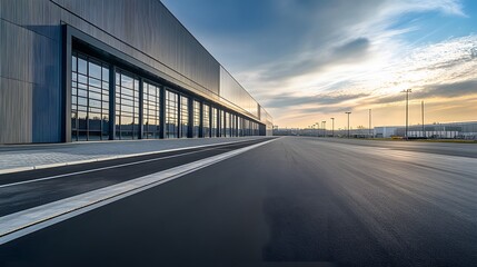 Modern Industrial Building with Glass Windows and a Long Empty Road Leading to the Horizon