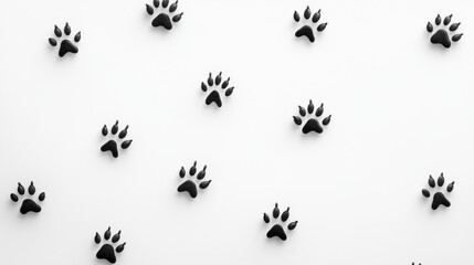 Small animal paw prints scattered on clean white background create playful and whimsical pattern. black prints stand out, evoking sense of curiosity and charm