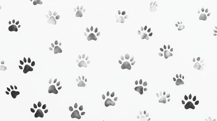 Small animal paw prints scattered across white background create playful and whimsical pattern. varying shades of gray add depth and interest to design