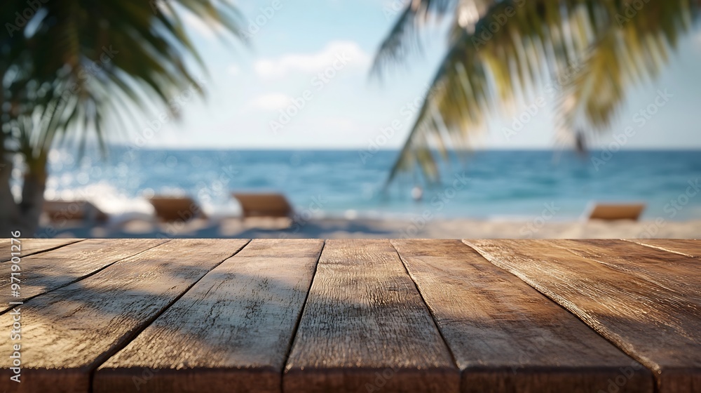 Poster blurred summer beach scene behind a wooden table ideal for placing summer advertising products and c