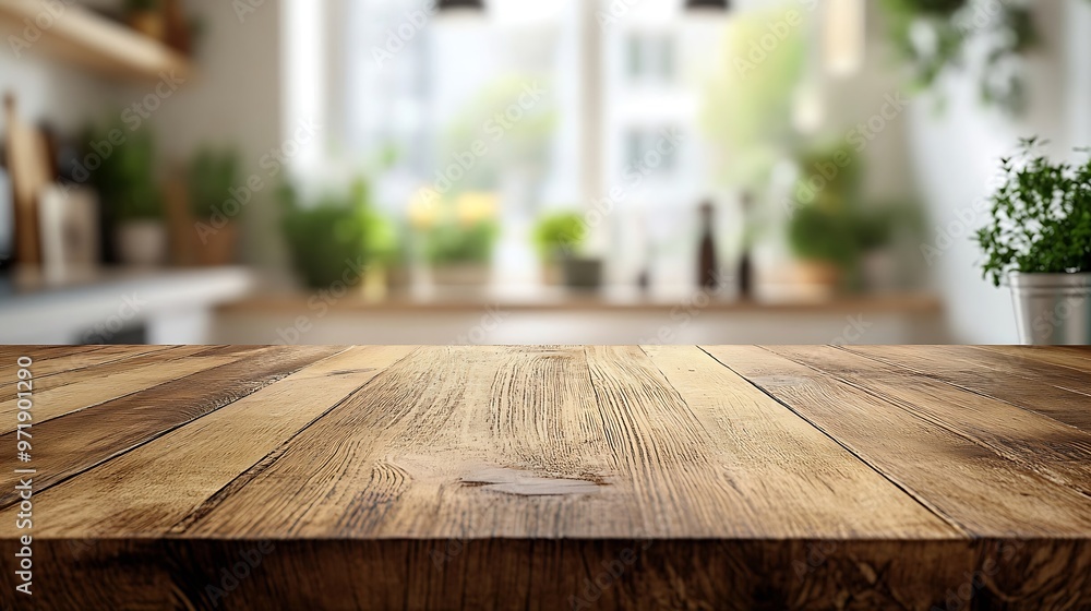 Poster empty beautiful wood table top counter and blur bokeh modern kitchen interior background in clean an