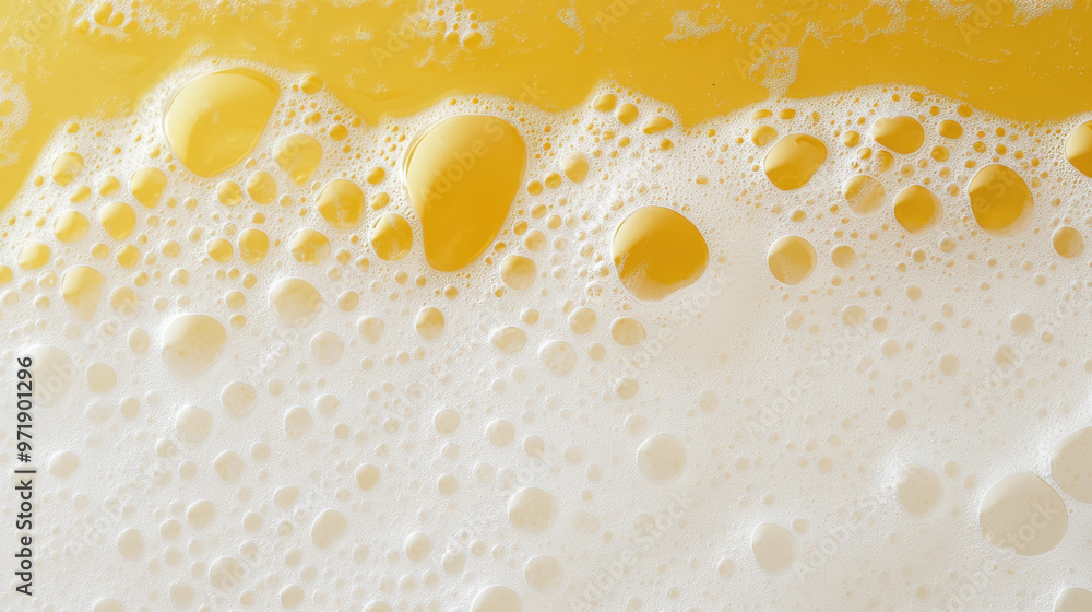 Poster close up of yellow beer texture with white foam, showcasing refreshing bubbles and creamy head that 