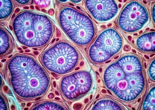 Microscopic view of pseudostratified epithelial cells with basal nuclei and apical microvilli, exhibiting a layered yet non-stratified arrangement, in a biological tissue sample.