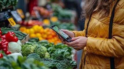 Stylish Young Woman Using Smartphone with Contactless NFC Payment Technology to Buy Organic Vegetables at a Farmers Market Street Vendor Holding an Electronic Online Payment Terminal D : Generative AI
