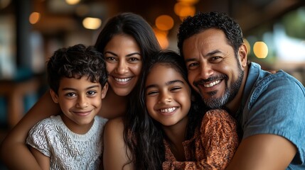 Fototapeta premium Family of darkskinned Latino mom dad son and daughters looking happy and healthy celebrating their day : Generative AI