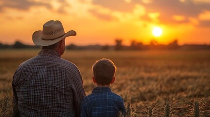 Farmer and his son in front of a sunset agricultural landscape Man and a boy in a countryside field Fatherhood country life farming and country lifestyle : Generative AI