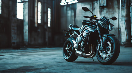 A modern sport motorcycle parked in front of an industrial backdrop with metallic tones and urban vibes.