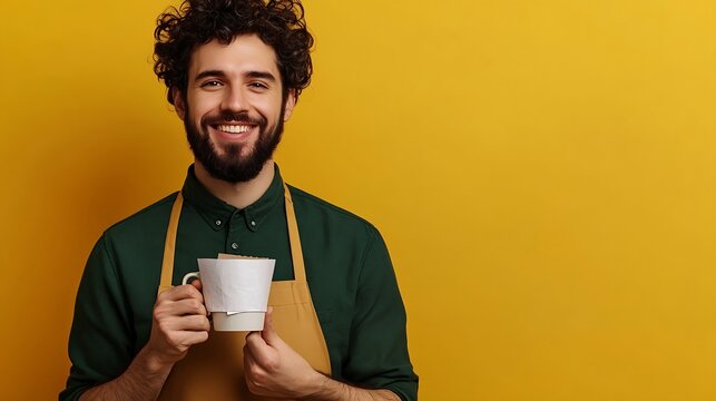 Portrait of positive cheerful guy worker in coffee bar shop hold paper card cup offer to his client mug with hot cappuccino wear apron green shirt isolated over yellow color background : Generative AI - Powered by Adobe