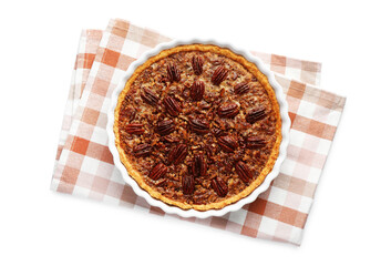 Delicious pecan pie in baking dish isolated on white, top view