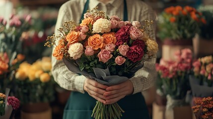 Florist holding a bouquet in a flower shopBouquet in the hands of a flower shop sellerFlower seller in an apronfloristry and flower arrangement training coursesBouquet in hands closeup : Generative AI