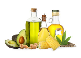 Vegetable fats. Set of different oils and ingredients isolated on white