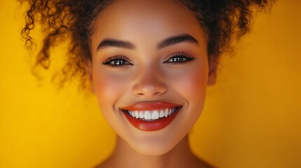 Confident woman smiling and looking at the camera while wearing a two toned lipstick Portrait of a woman in her 20s feeling happy and selfassured in her makeup style a bold and colourf : Generative AI
