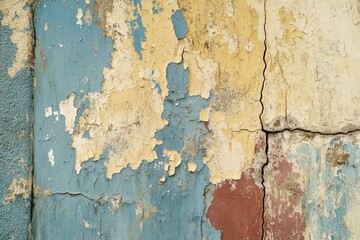 Cracked and Peeling Wall with Blue, Yellow, and Red Paint