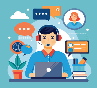 Online customer service, representative assisting via chat, flat design illustration,a receptionist with headphones with microphone in front of a Laptop in an office working with minimalist background