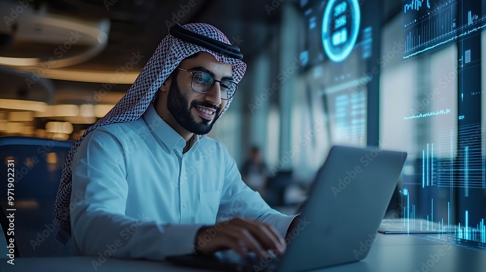 Aufkleber smiling young professional arab manager working on a laptop in a modern office environment with futu