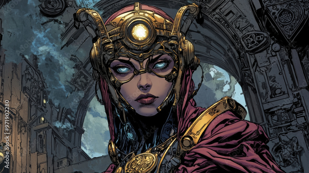 Poster a striking cybernetic character with intricate golden armor and deep red cloak stands in mysterious,