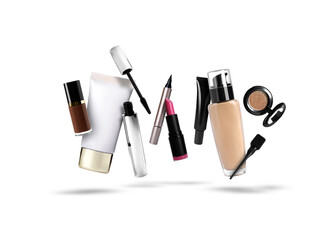 Different makeup products in air on white background