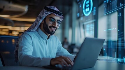 Smiling young professional arab manager working on a laptop in a modern office environment with futuristic holographic financial analysis graphics superimposed on the scene : Generative AI