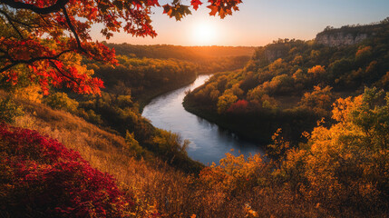 Obraz premium A stunning aerial view reveals a peaceful, secluded lake embraced by a blanket of autumnal brilliance.