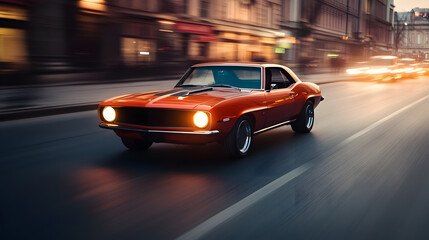 A restored 1960s American muscle car driving down a city street at dusk with the headlights illuminating the road.