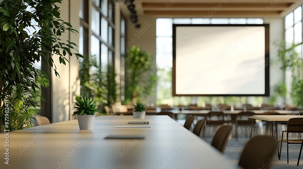 Poster empty conference room with screen banner table and chairs business meetings forums and presentations