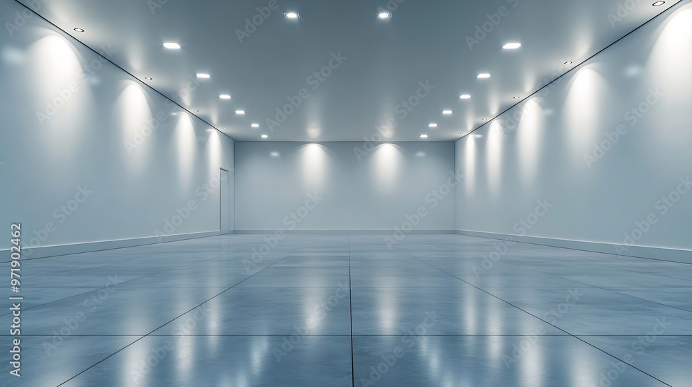 Poster bright white large room with white walls and white blank tile floor illuminated with spotlights illu