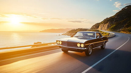 A restored 1960s muscle car cruising along a coastal highway at sunset with the golden light reflecting off its polished chrome details.