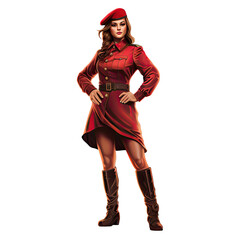 An illustration of a beautiful female soldier wearing a red beret, standing