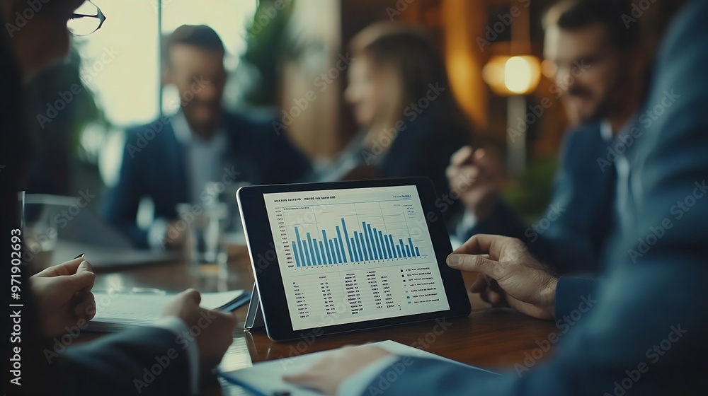 Poster Top view of smart manager looking at financial statistic on tablet at meeting room Group of diverse business people working together to analyze investment data on table with notebook D : Generative AI