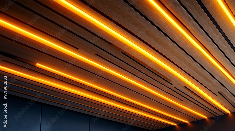 Aufkleber Wooden Laminate Abstract Ceiling Design Modern Interior Architecture Background Structure with LED Linear Light : Generative AI