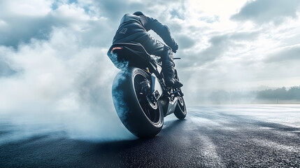 A rider on a sport motorcycle executing a perfect burnout on an empty road with smoke billowing from the tires.