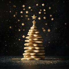 Obraz premium Magical scene where a rain of star-shaped cookies gently falls. Each cookie is small and golden, with crisp edges and a touch of shiny sugar that catches the light. Dancing in the air concept